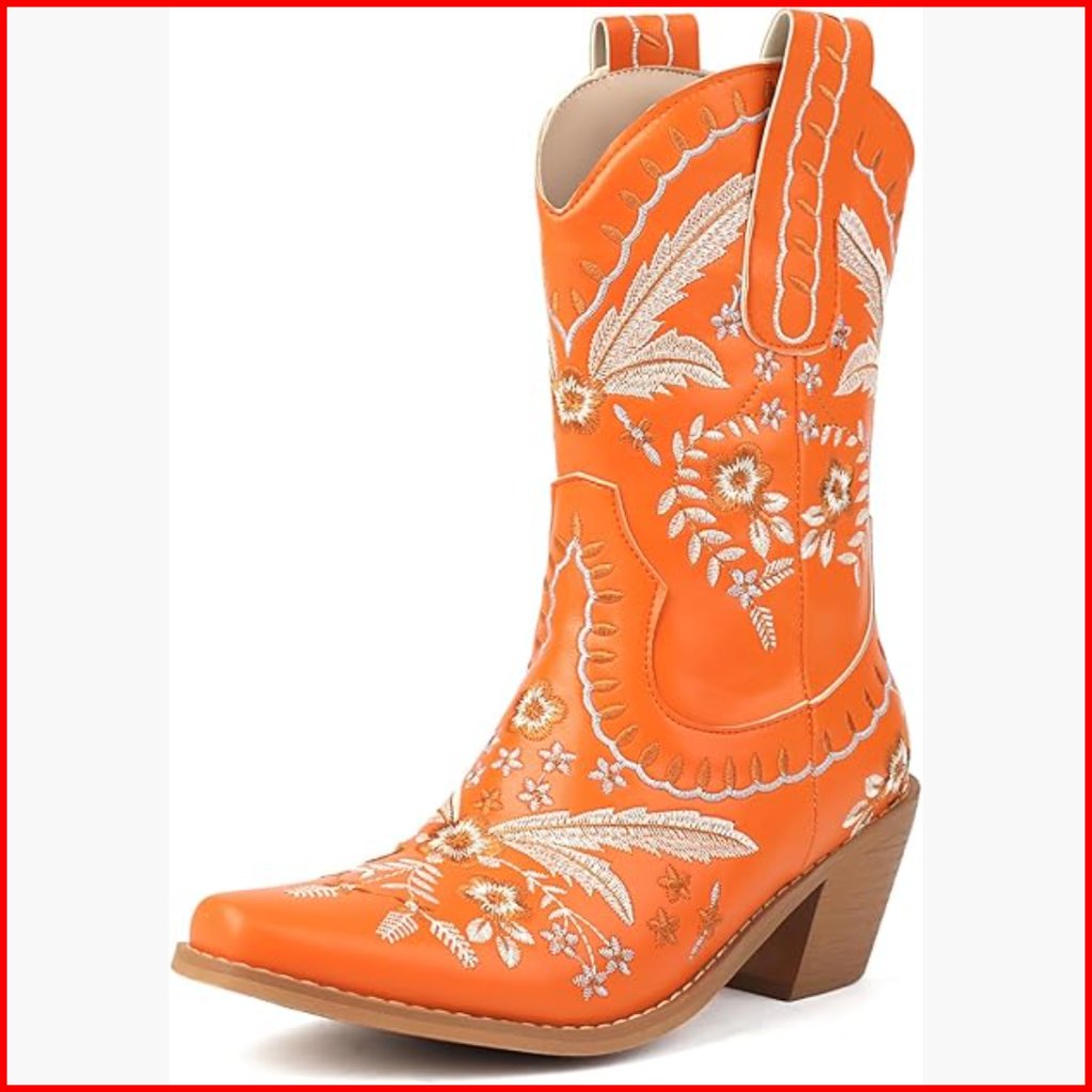 Women's Embroidered Cowboy Boots Pull On Western Boots Chunky Heel